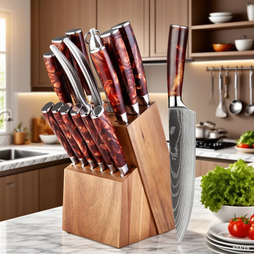 15-Piece Damascus-Pattern Kitchen Knife Set – Professional Chef’s Collection with Acacia Wood Block, G10 Handles, Built-In Sharpener & Full Tang Blades - Purity Kitchenware